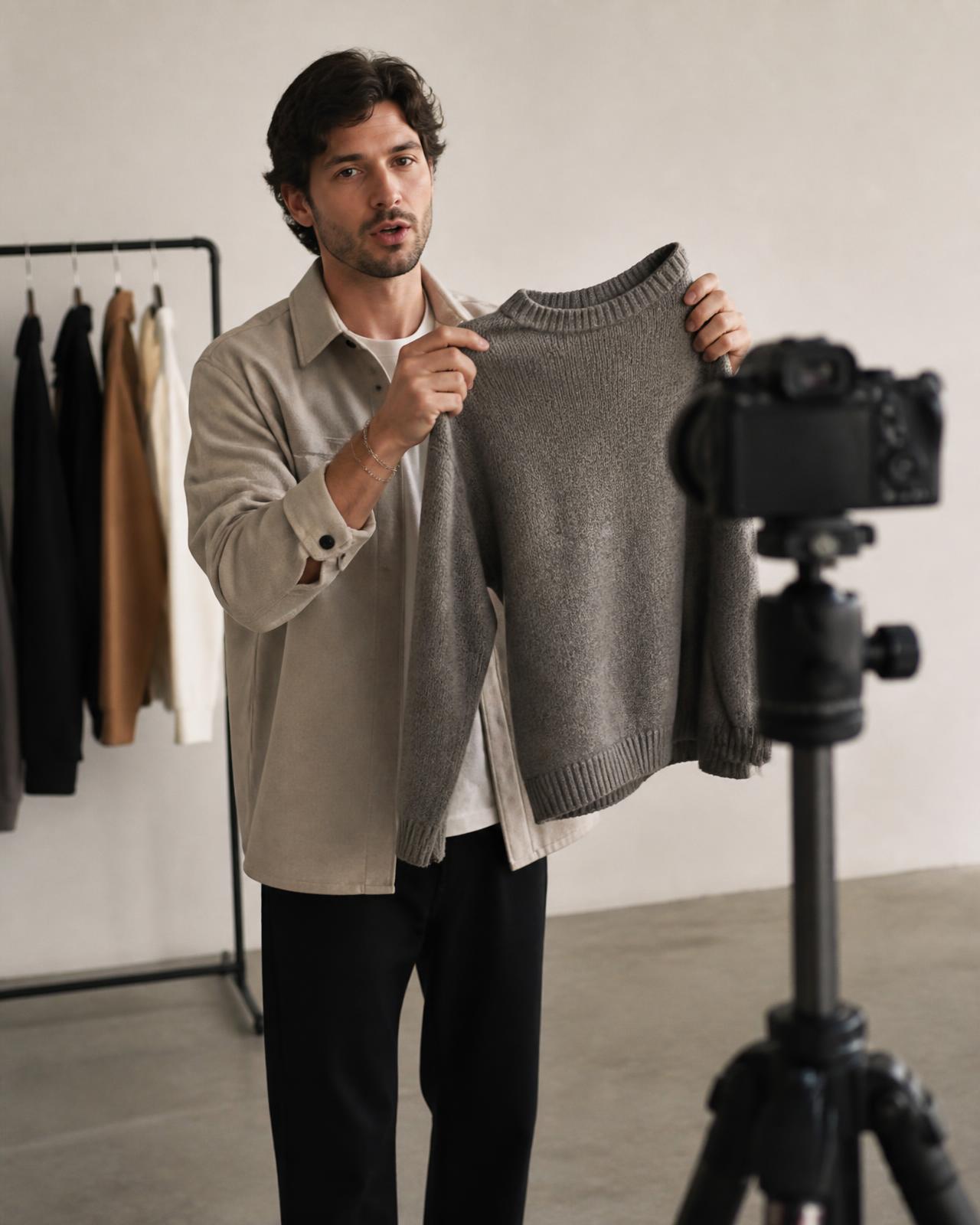 A creator holding up a printed silk dress to a phone on a tripod in a bright studio