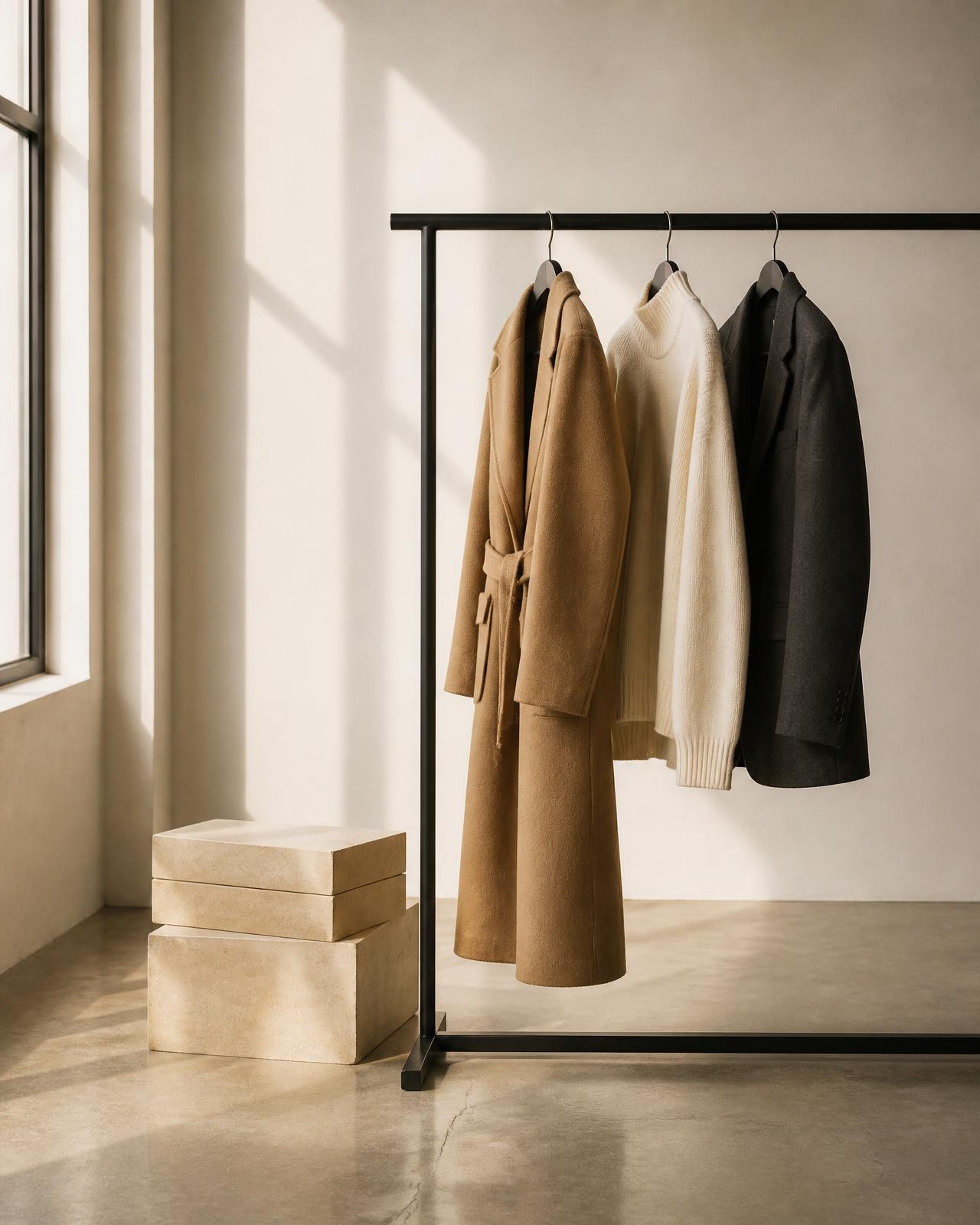 A camel overcoat, ivory knit and charcoal jacket hanging on a plain black rail beside stacked stone boxes in an empty daylit studio.