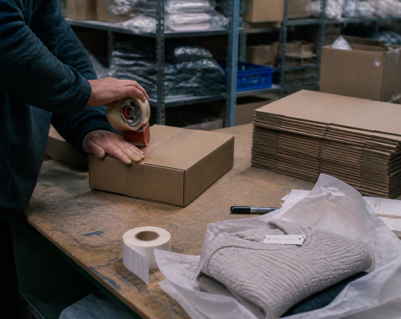 Hands taping a plain box shut on a working fulfilment bench, stock shelving behind