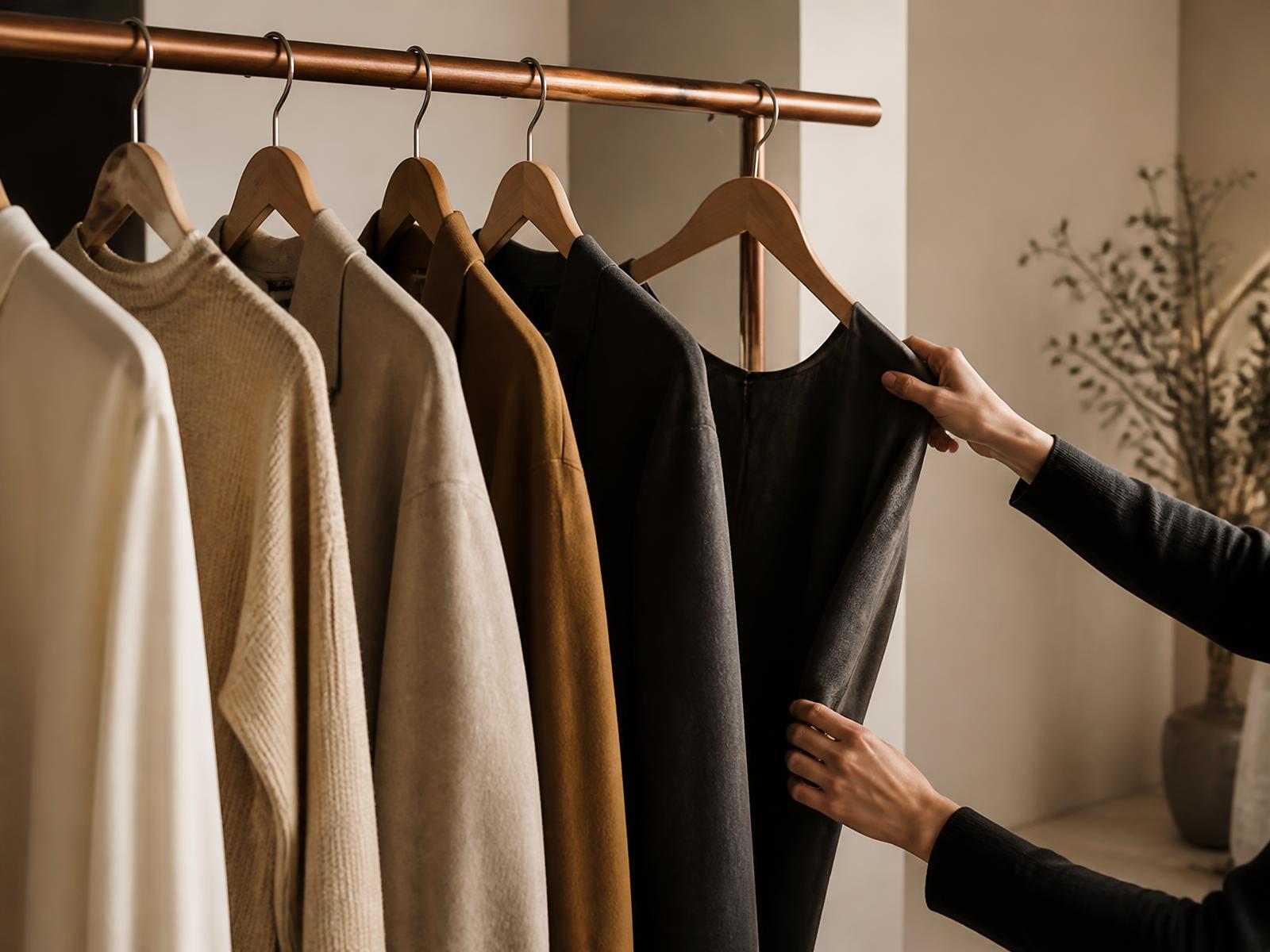 Knitwear and dresses in ivory, camel and black on a copper rail in a daylit studio