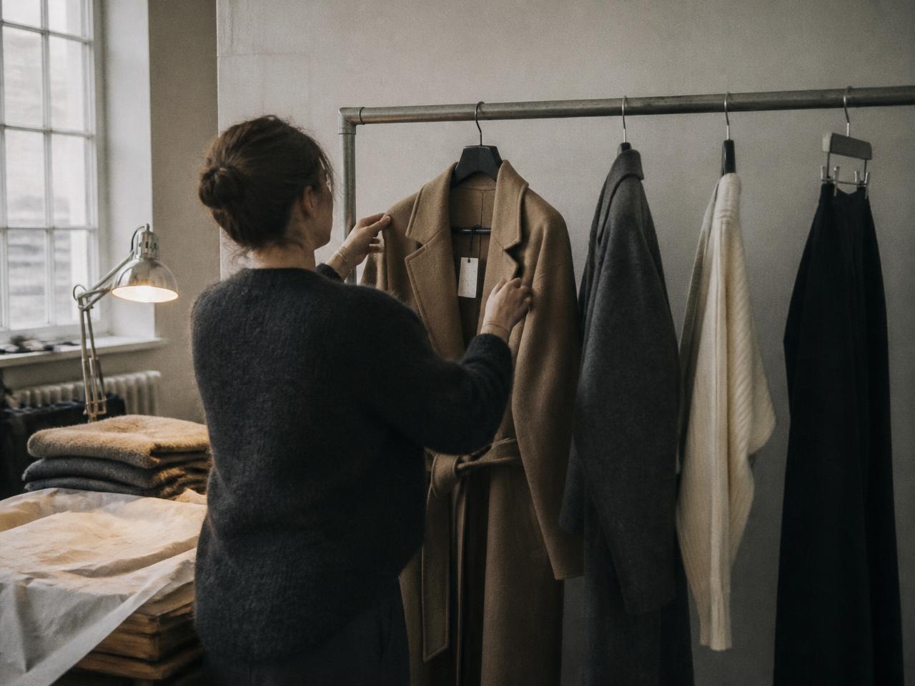 A stylist preparing a small selected capsule of garments on a short rail in a studio stockroom