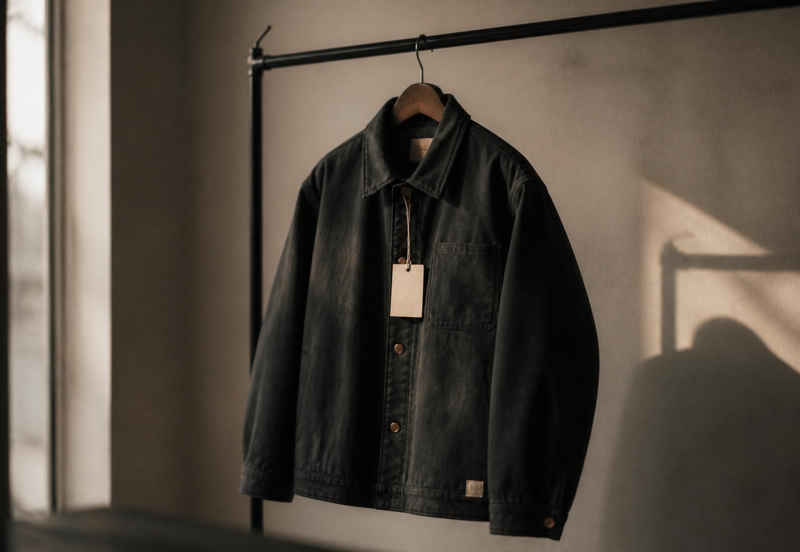 A single limited-edition charcoal jacket hanging on a rail in daylight with a blank swing tag