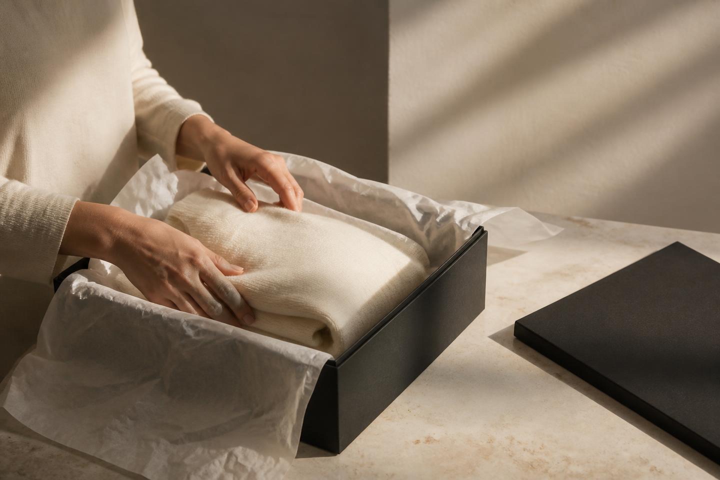 Hands folding a cream knitted garment into tissue paper inside a plain charcoal box