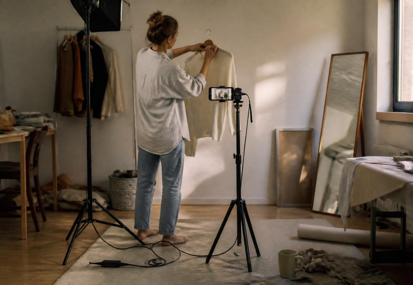 A creator in a home studio holding up a cream knit to a phone on a tripod, softbox light beside her
