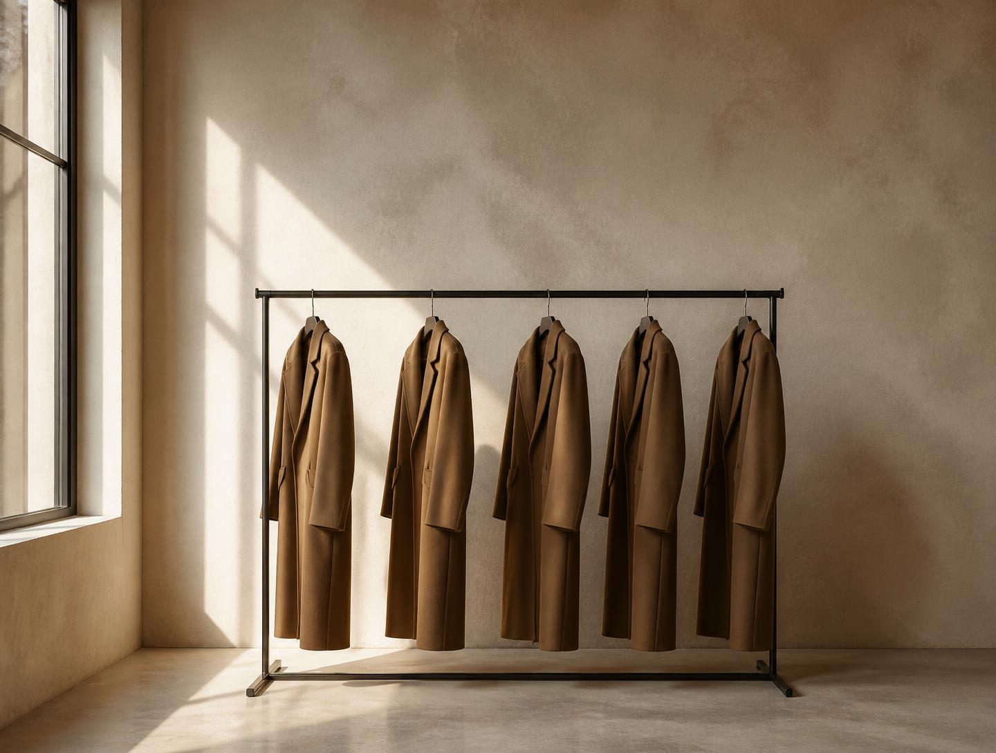 A row of camel overcoats on a rail in a quiet daylit studio
