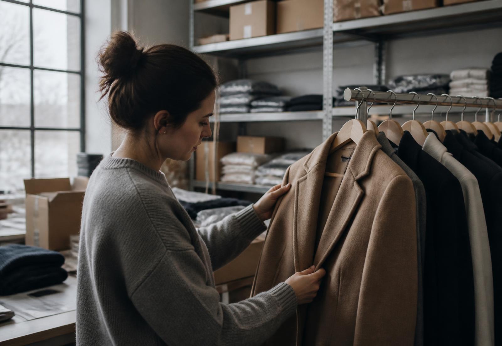 A woman checking a camel wool overcoat on a rail in an independent brand's working stockroom