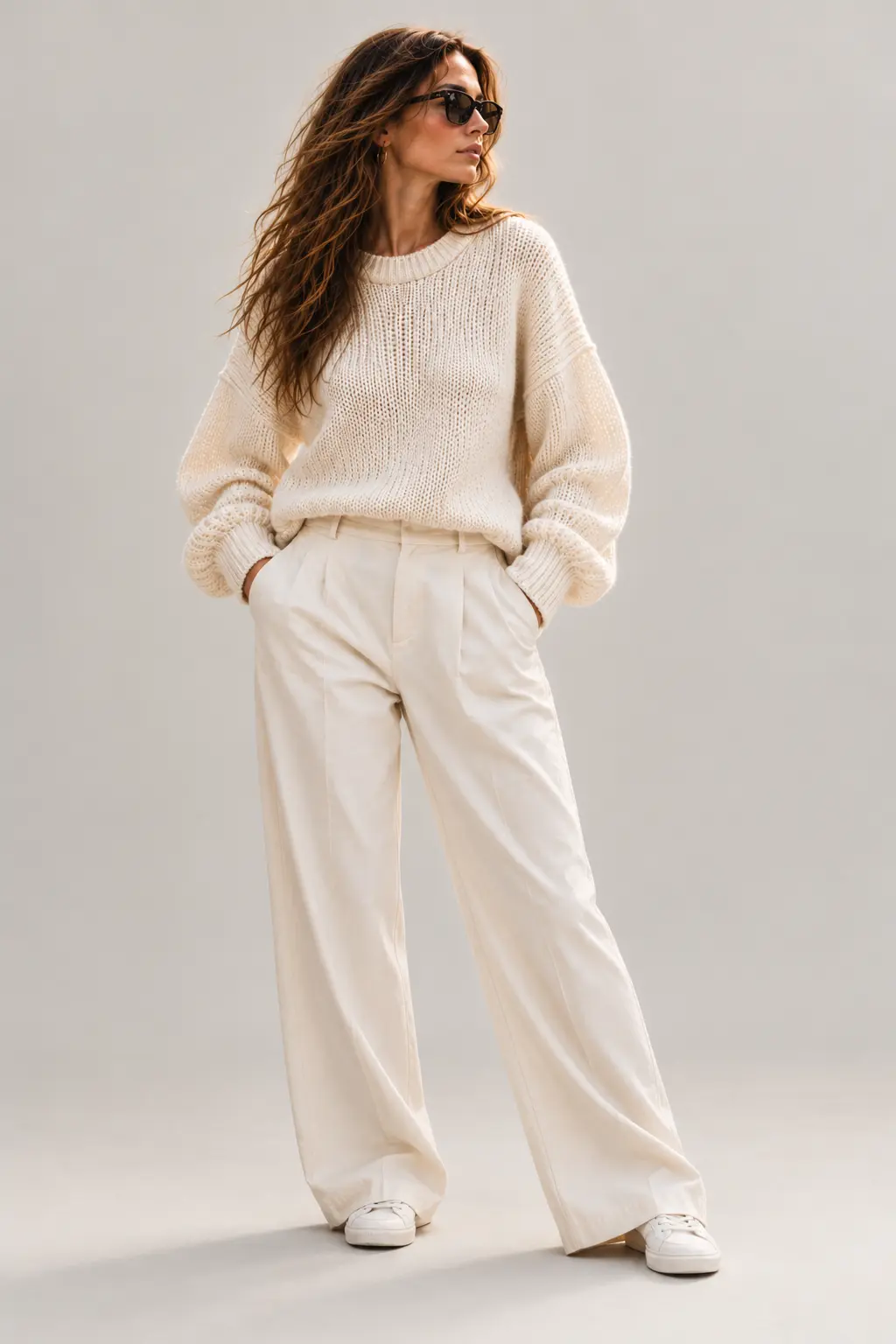 The Ivory Rib Knit Sweater worn with ivory wide-leg trousers — full-length front view