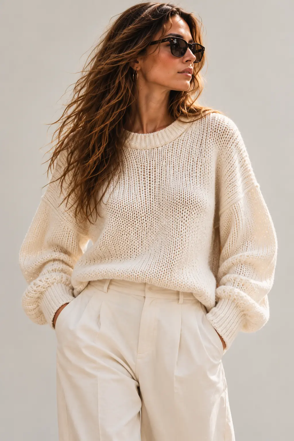 The Ivory Rib Knit Sweater — mid-length portrait, hands in pockets