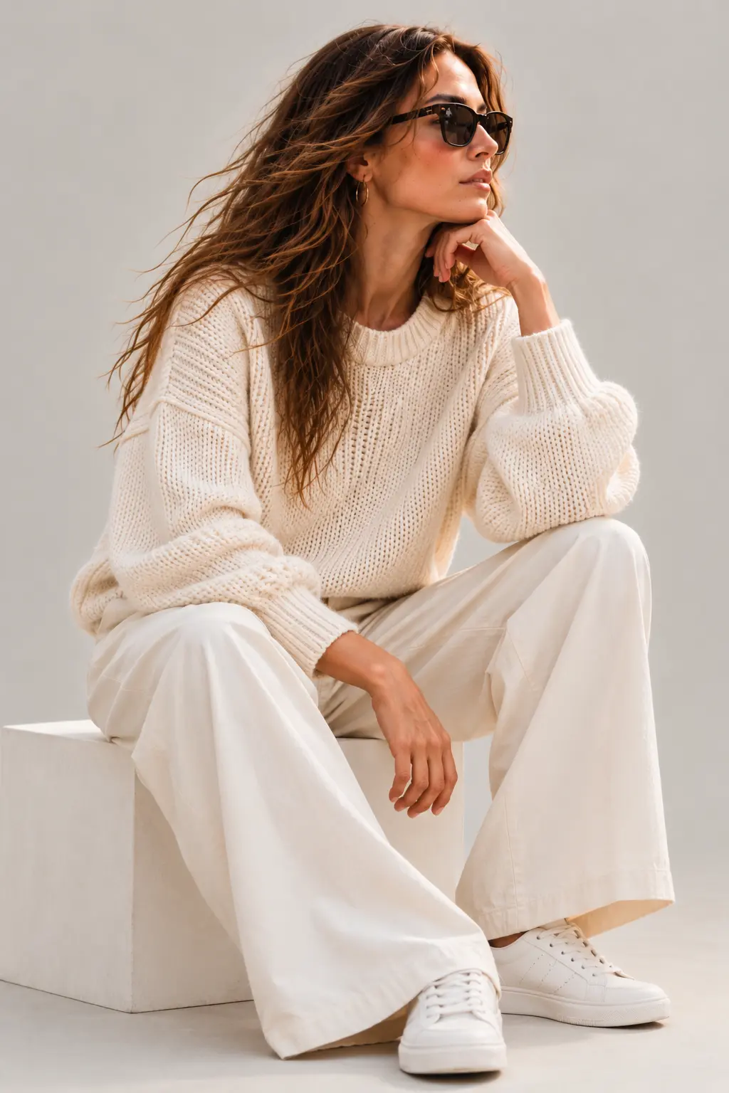 The Ivory Rib Knit Sweater — seated portrait on a white plinth