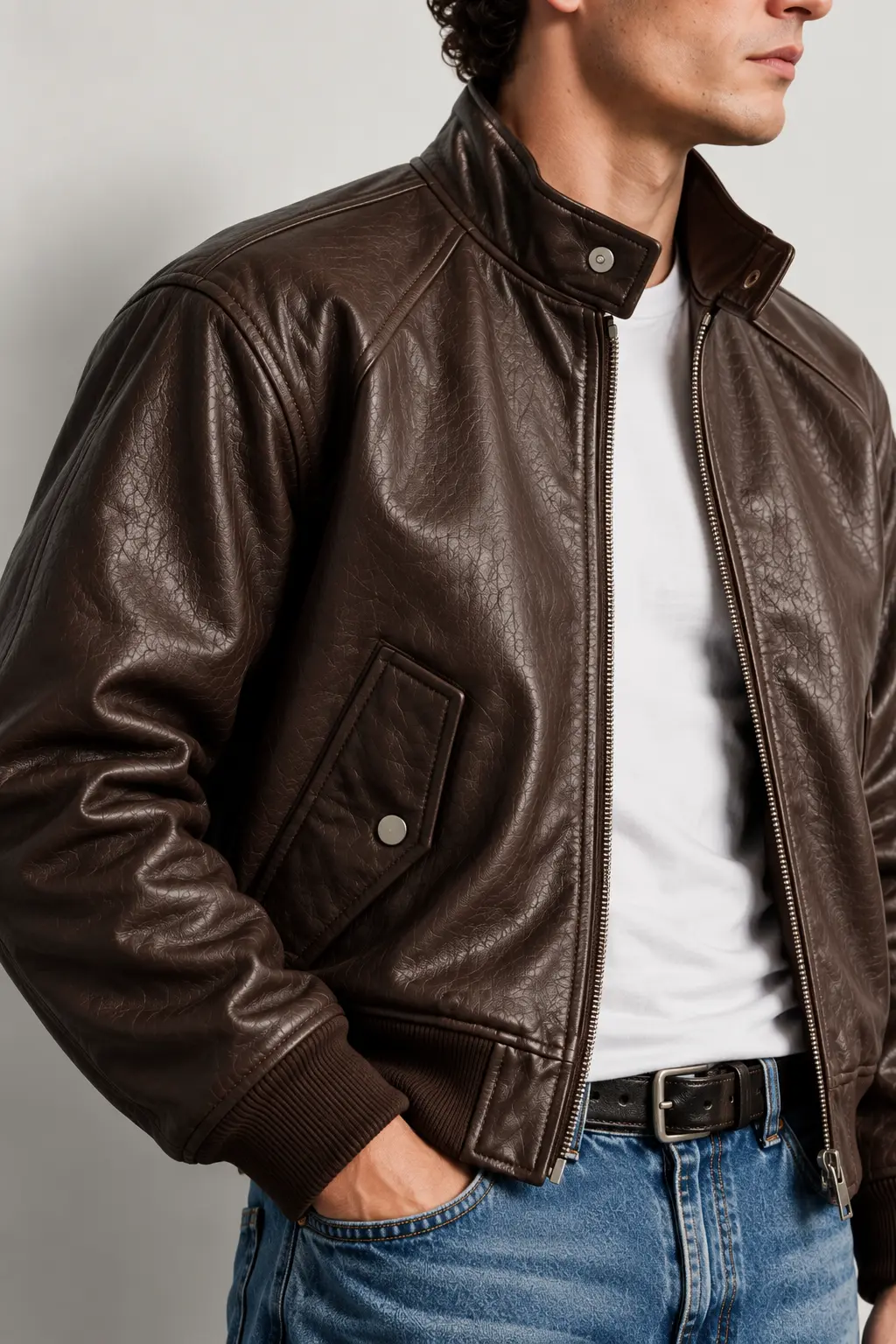 The After Hours Leather Jacket worn — angled pocket, zip and leather grain in close-up