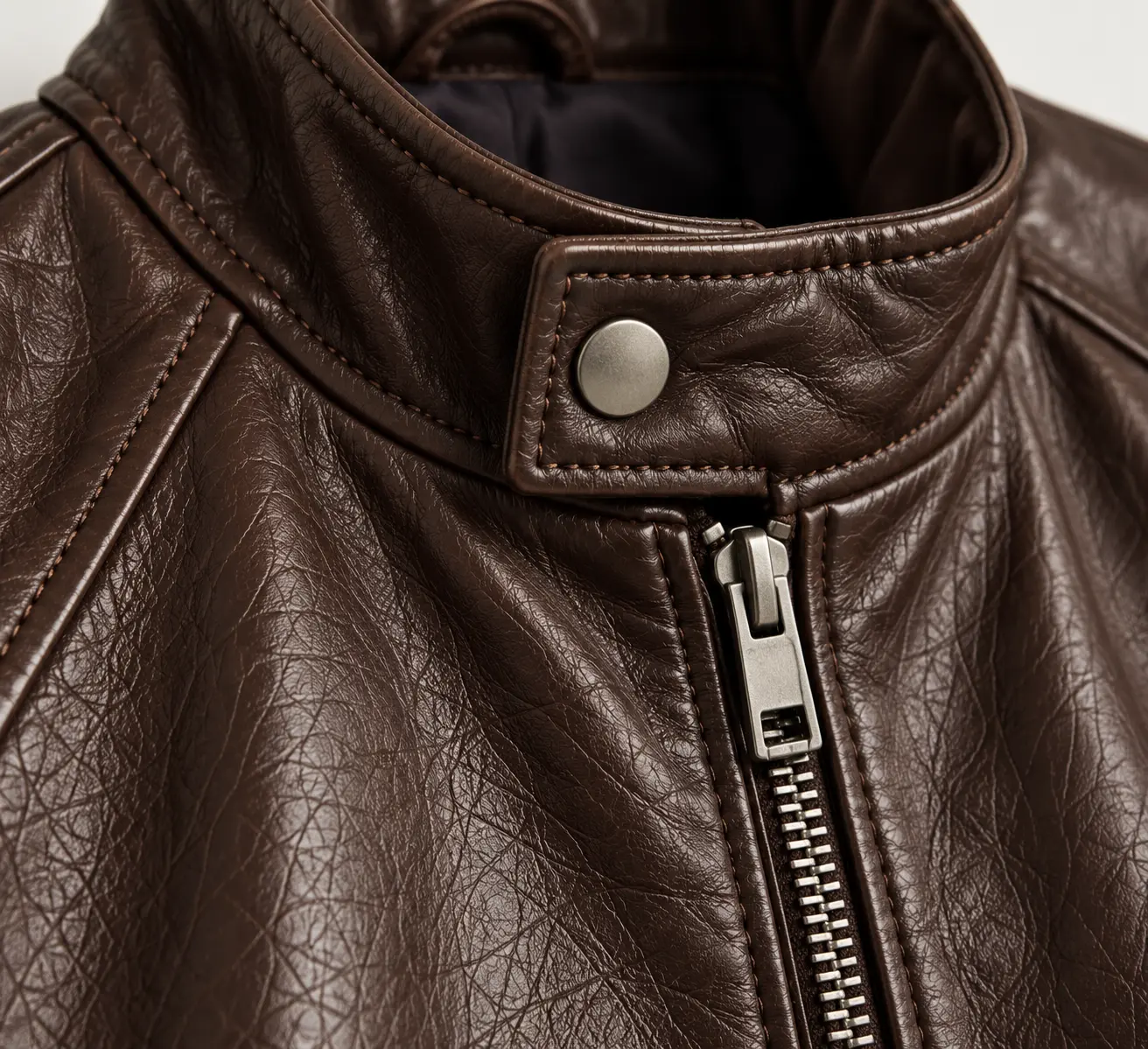 The After Hours Leather Jacket — collar tab, snap and metal zip in close-up